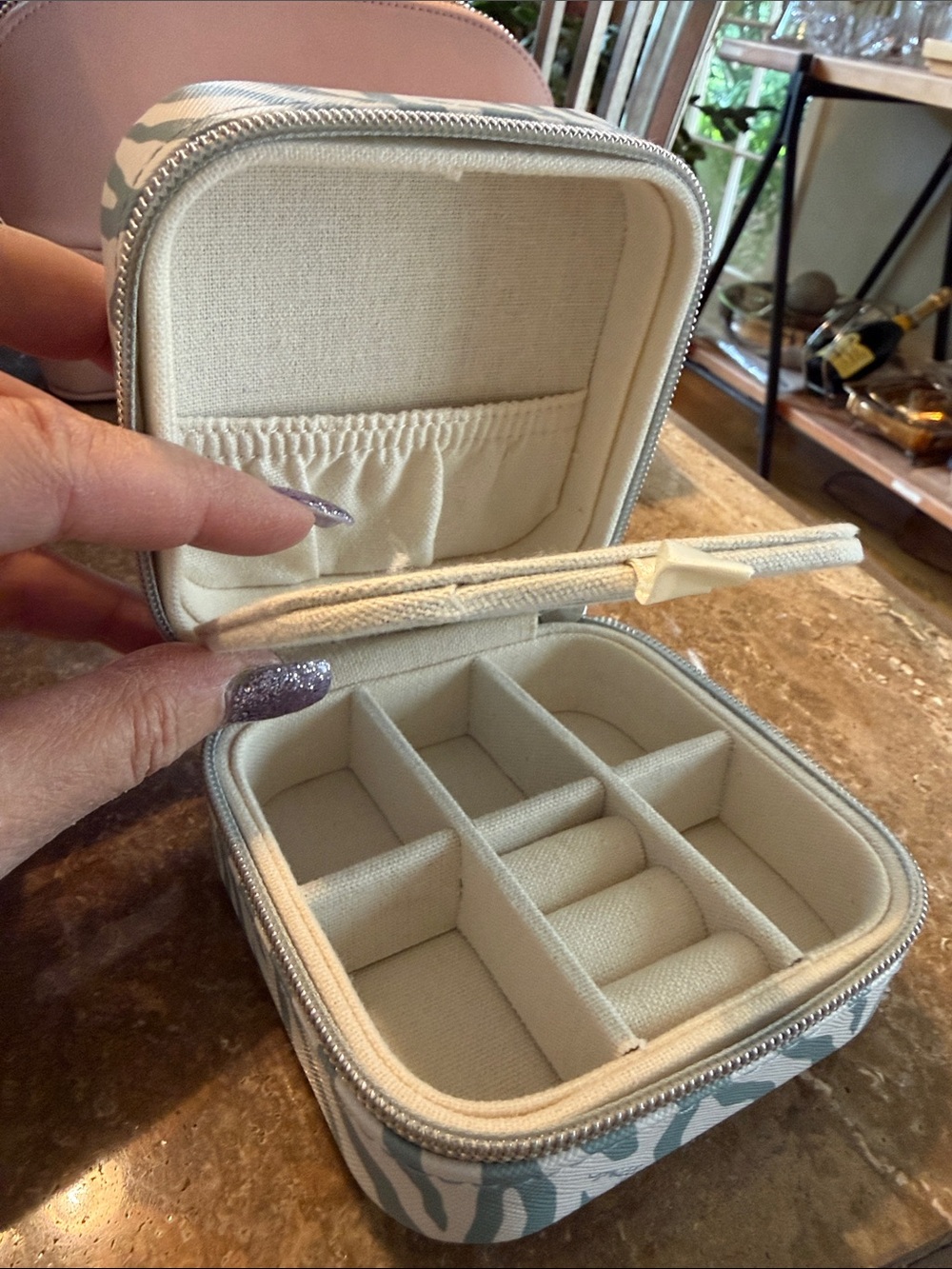 Milly Cream and Sage Zebra-Patterned Travel Jewelry Organizer